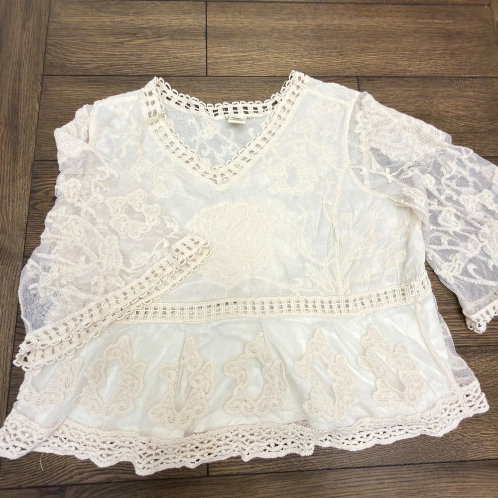 Ultra Pink Cream Floral Embroidered Mesh Boho Blouse XL Crochet Trim V-Neck Top